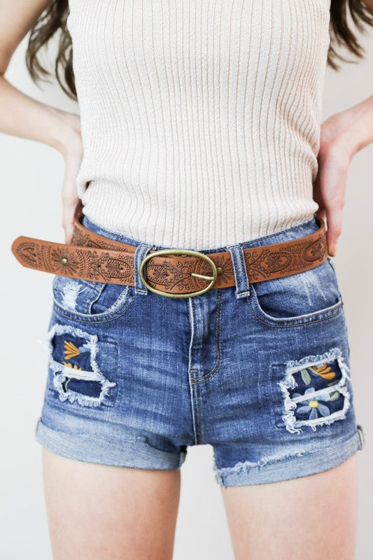 Floral Stitch Oval Buckle Belt