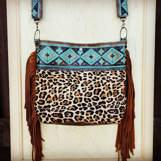 Tejas Bucket Leopard Handbag with Santa Fe Accent