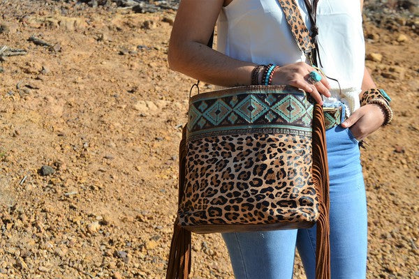 Tejas Bucket Leopard Handbag with Santa Fe Accent