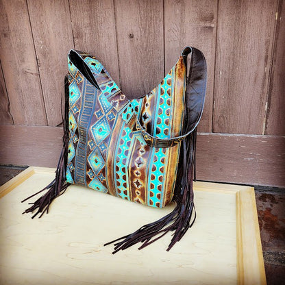 Montanta Embossed Hobo Handbag in Blue Navajo