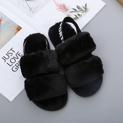 Faux Fur Open Toe Slippers