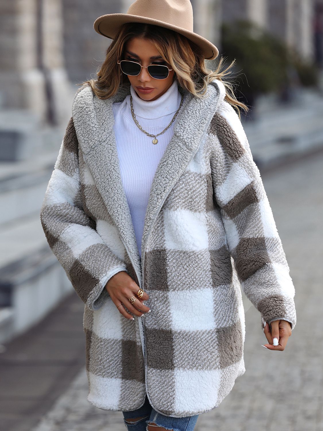 Plaid Open Front Hooded Coat